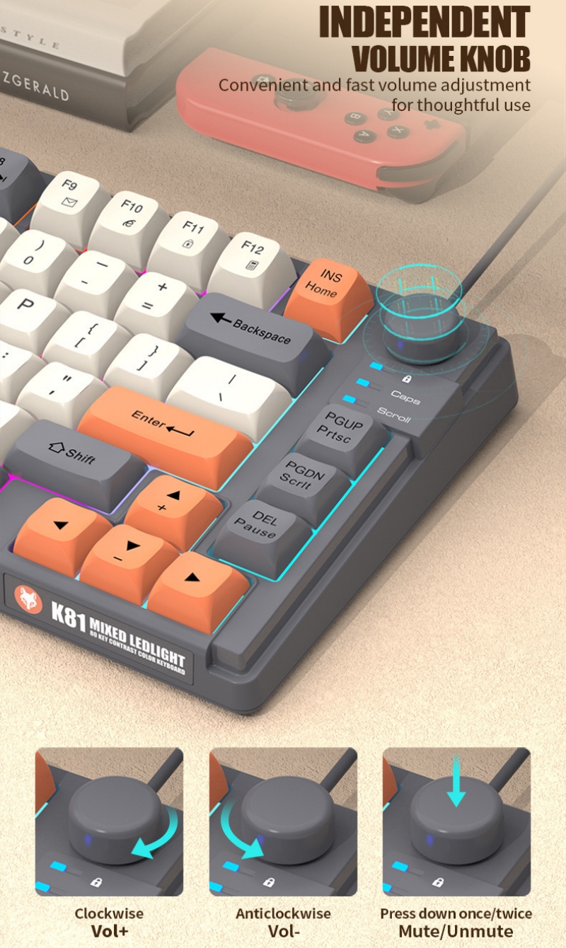 Tastatur K81 Spielen-Tastatur 81 Tasten 80 % Layout Spanisch Russisch Koreanisch Arabisch Tastatur USB-Kabel RGB-Licht Lautstärkeregler Ergonomie