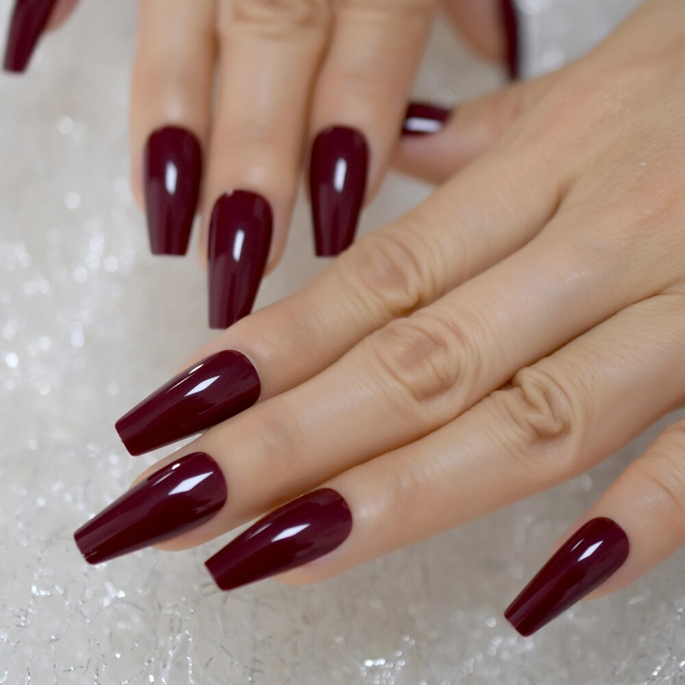 Tapered Coffin Nails Long Size Square Maroon Dark Red Acrylic Artificial False Nails Manicure Tips 24 CT: L5586