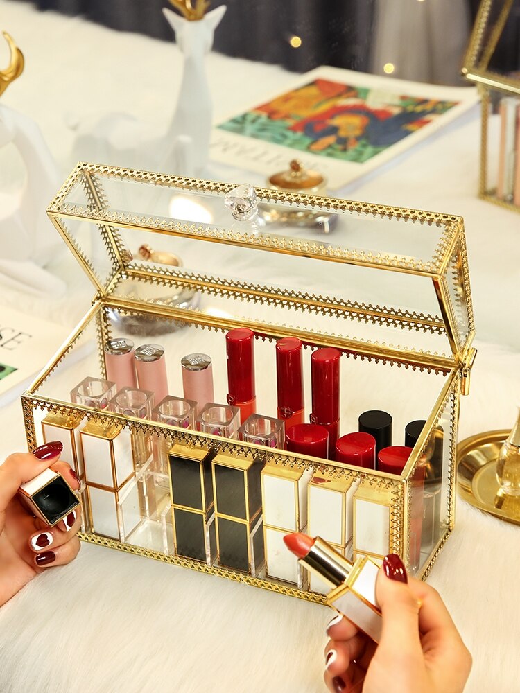 Retro kopparkant glas läppstiftslåda kosmetiska smycken förvaringslåda genomskinligt guld brons sminkorganisator badrumsställ