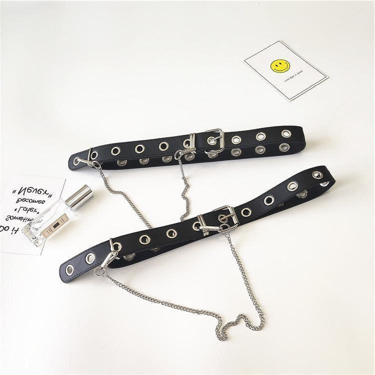Damer svart punk gotisk kunstskinn belte metall kjetting ring midje midje belter lange belter stropp street dance dekor