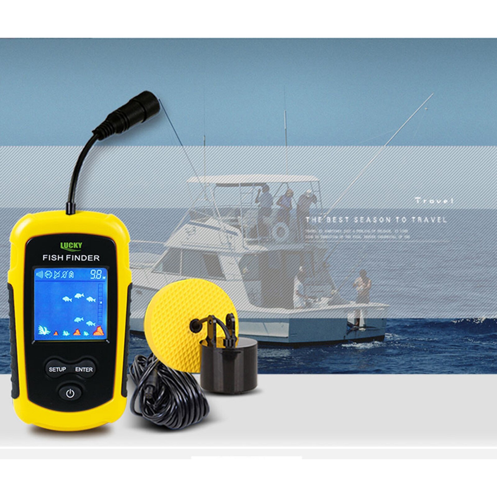 Portable Wireless Depth Finder,Fishing Sonar Sensor Transducer with Longer Range Aerial, Fishfinder Alarm with LCD display