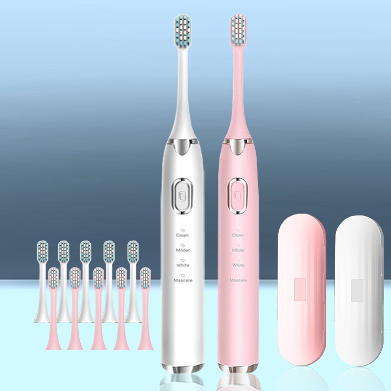 Elektryczna szczoteczka ultradźwiękowa BS-201 dorosły zegar szczotka 4 tryb USB ładowarka akumulator IPX8 zamienne końcówki robić szczoteczek robić zębów zestaw: biały i różowy