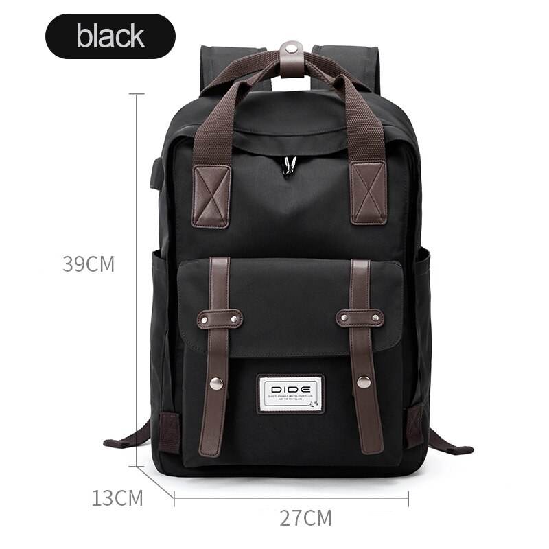 DIDE moda w stylu zwykły, czarny plecak męnarty z ładowaniem USB podróżny plecak PU skóra 14/15 calowy plecak na laptopa męnarty tornister: czarny