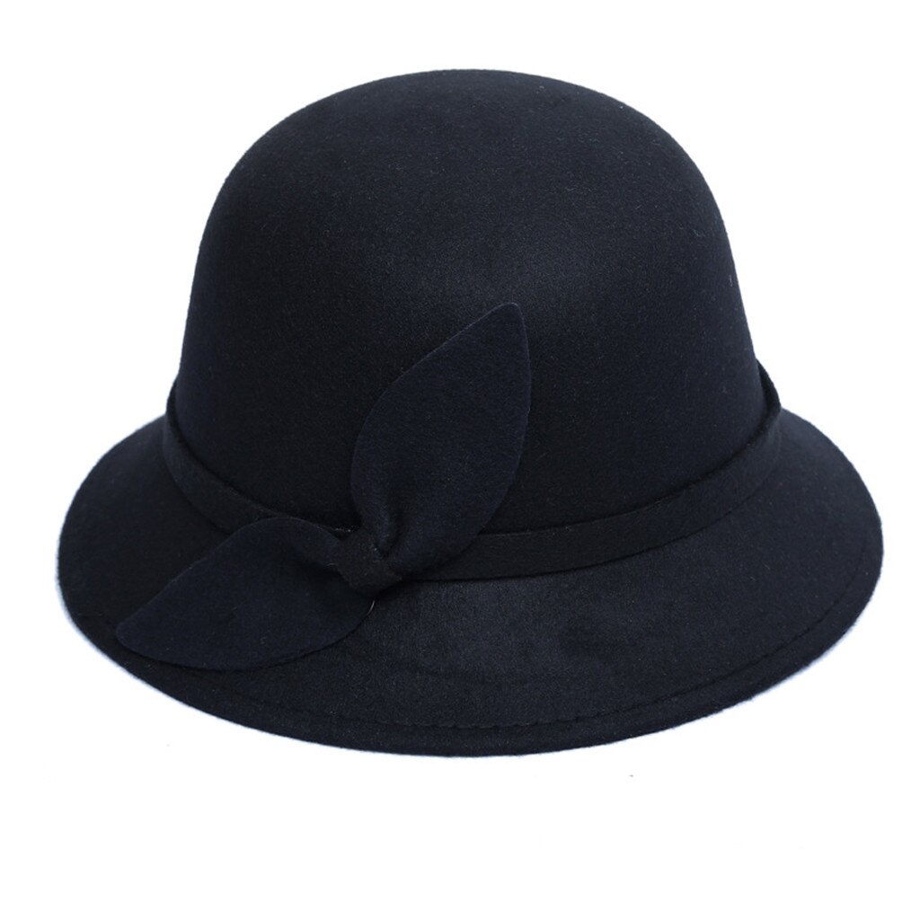 Hoeden Mode TopHat verkoop Fedora Chapeau Sombrero Mujer Vrouwen Faux Wol Emmer Hoeden Mode Bowler Cap Met Strik: Black