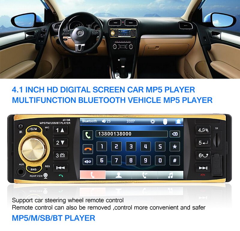 4,1 pulgadas HD 1 Din coche Radio 4019B de Control de volante USB AUX FM Control remoto más Bluetooth 12V Audio estéreo