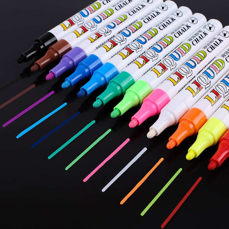12 Kleuren Set Vloeibare Krijt Marker Pennen Voor School Schilderen Ronde Tip 3 Mm