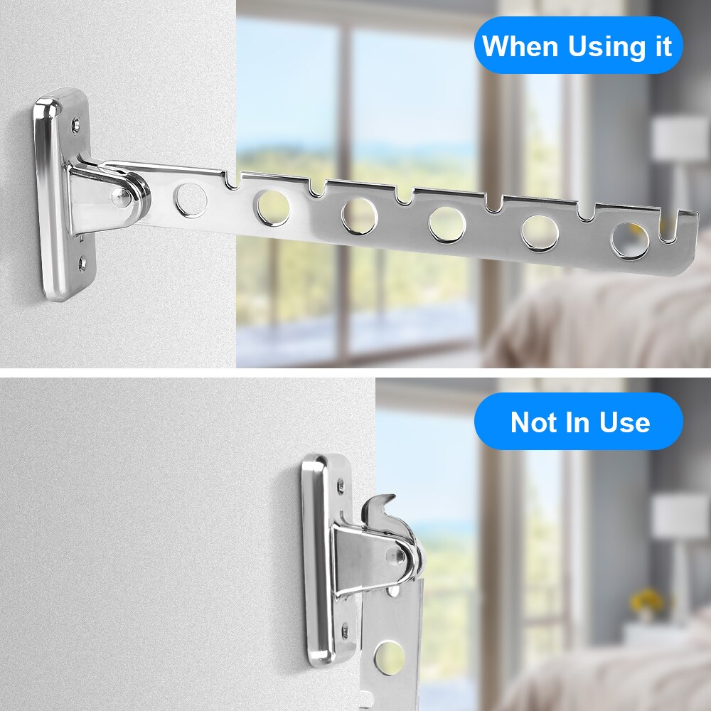 Indoor Space Saving Wall Mounted Clothes Drying Rack Stainless Steel 6 Holes Home Organizer Clothes Folding Hangers