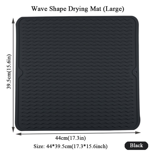 EPASUN 51x41cm Large Kitchen Dish Drying Mat Water Filter Silicone Drain Cushion Pad Countertop Fast Drying Mat Dishes Placemat: Wave Large Black