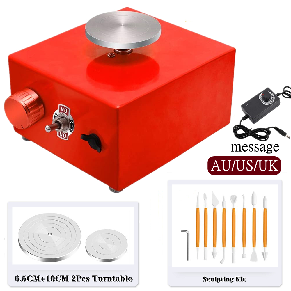 Mini máquina eléctrica de rueda de cerámica para manualidades, rueda de cerámica, herramientas de arcilla, tocadiscos con bandeja y Kit de escultura de 6,5 + 10CM: Red AU US UK