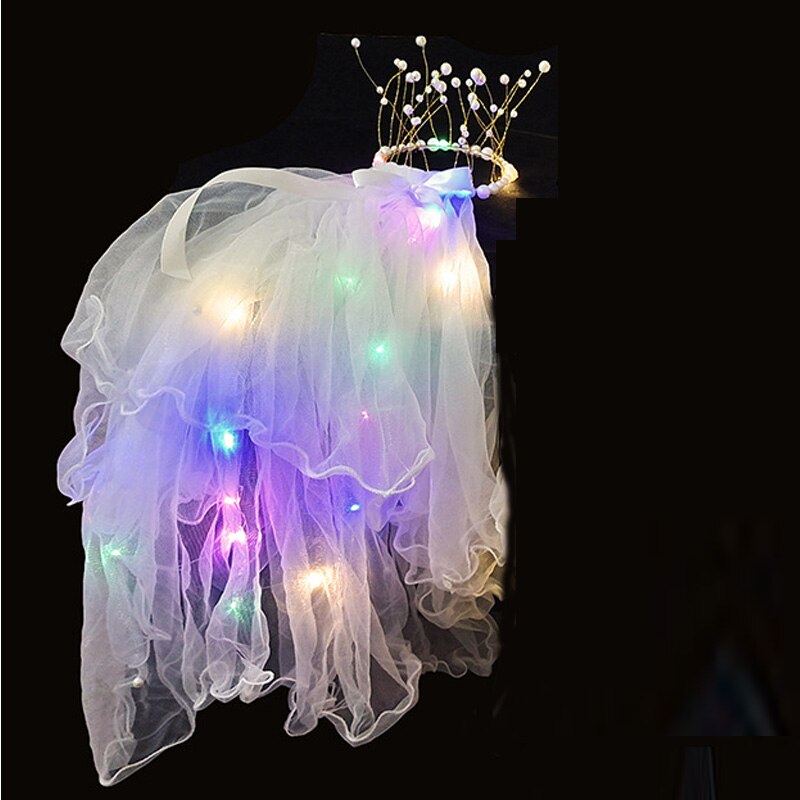 LED Flower Tulle Veil Headband Light Wreath Crown Women Girl Glow Party First Communion Wedding Luminous Festival Costume: color 1