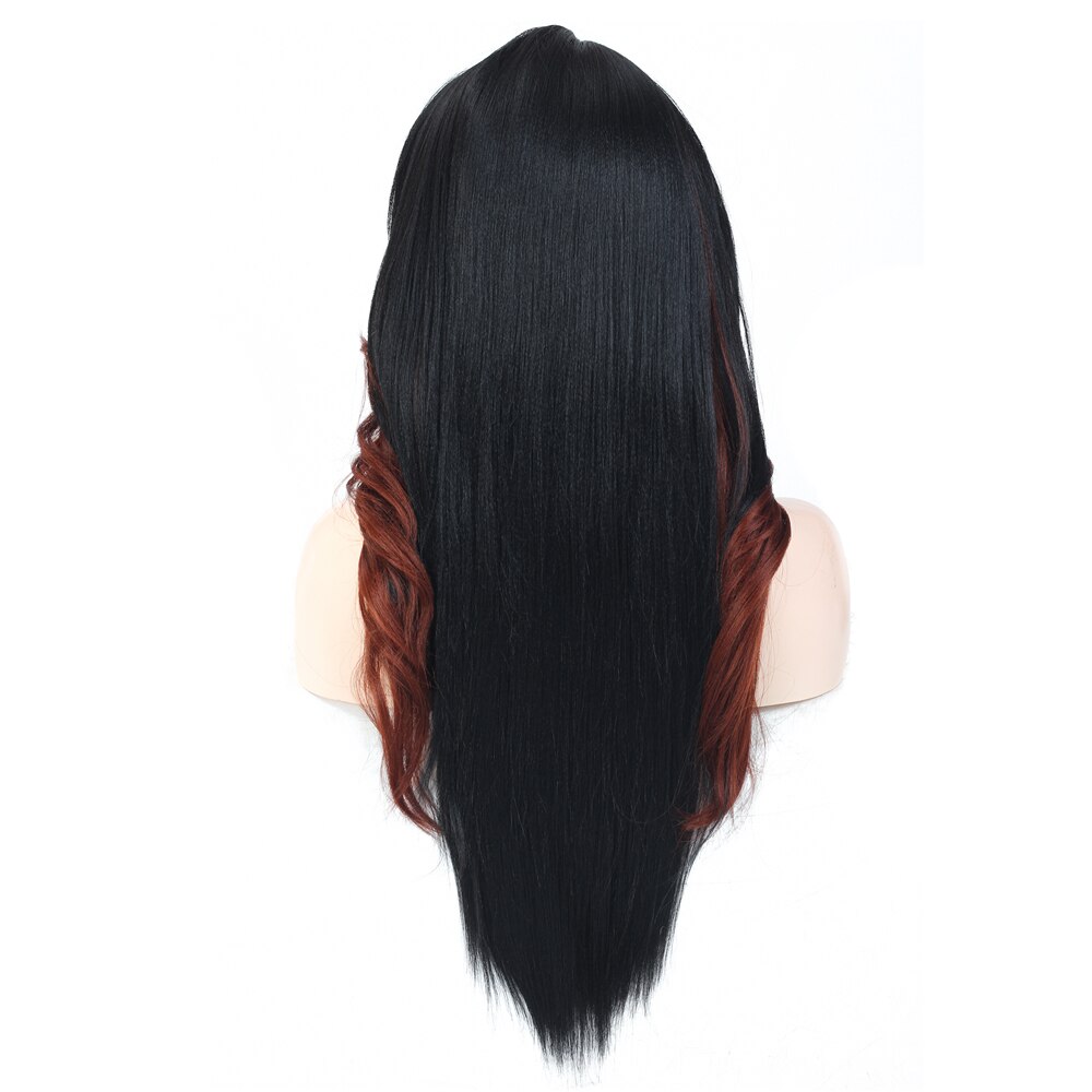 X-TRESS Split Color 2 Part Splice Wigs Black & Dark Red Heat Resistant Trendy Lace Front Synthetic Wig for White Women 26 Inches