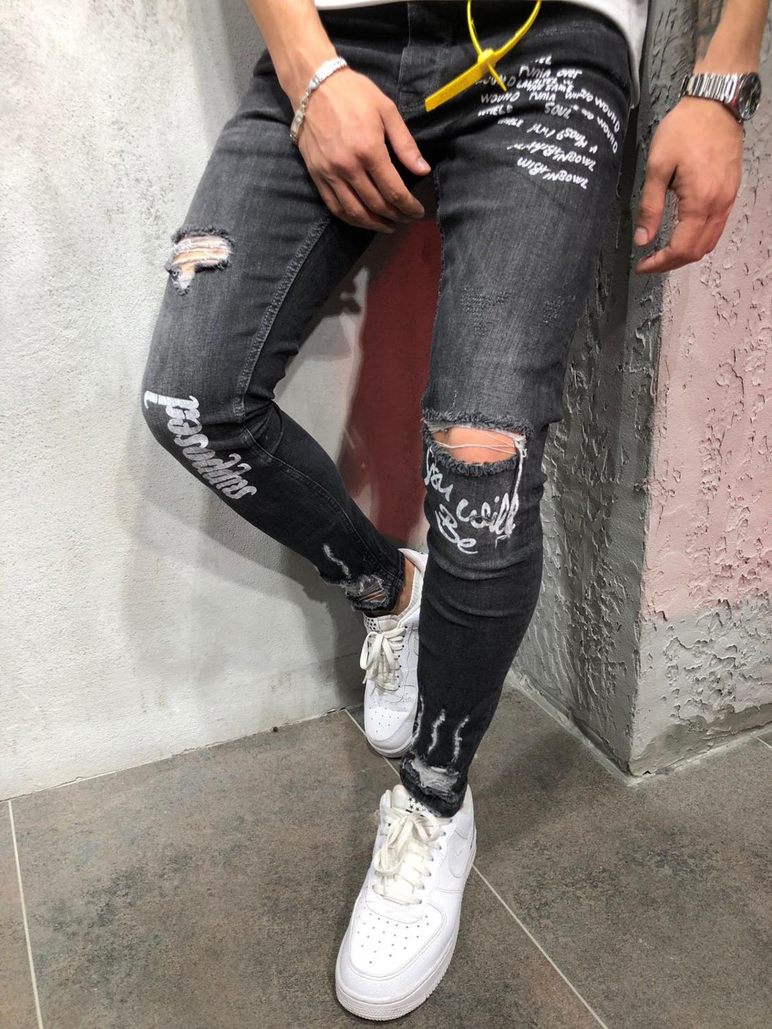 Hip-hop Men's Printed Letter Hole Jeans jeans