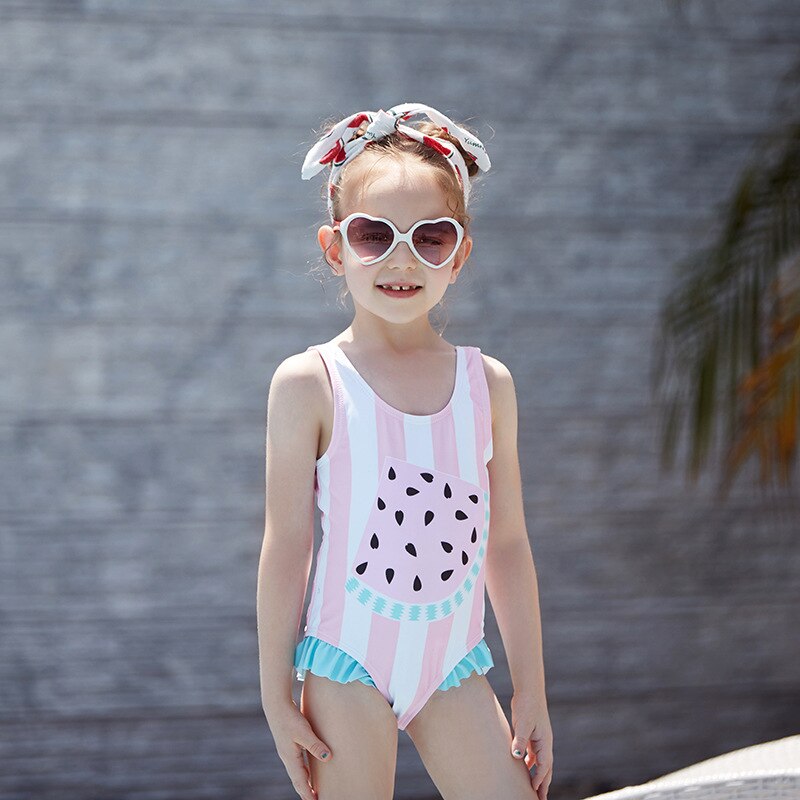 3-8years Girls Swimsuits One Piece Swimsuit Striped Watermelon Kids Bathing Suits Beachwear Children Girls Swimsuits