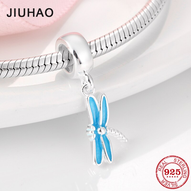 925 Sterling Silver Blue Enamel Dragonfly Charm Beads Fit Original Bracelet for Women DIY Jewelry Making