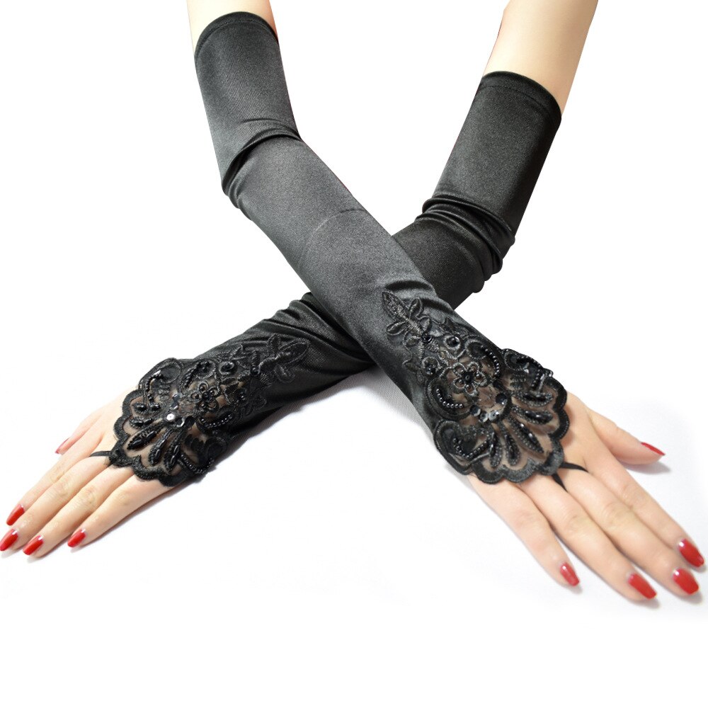Gants en Satin Long de 48cm, Sexy, avec broderie au doigt, crochet, pour femmes, fête rétro, etiquettes, Cosplay, danse et dîner: black