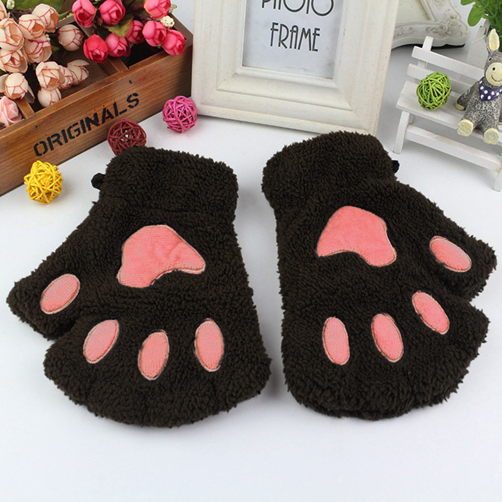 Winter Handschoenen Kids Leuke Cartoon Meisje Kat Claw Paw Vingerloze Winter Warmer Half Vinger Handschoenen Mitten YE11.5: BW