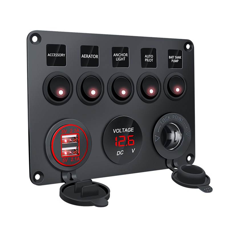 12 v 24 v Für Boot Yacht 5 Gang Marine Boot Schalter Panel Led Wasserdichte Schaltung Mit Voltmeter Dual USB ladegerät Panel Schalter: Rot