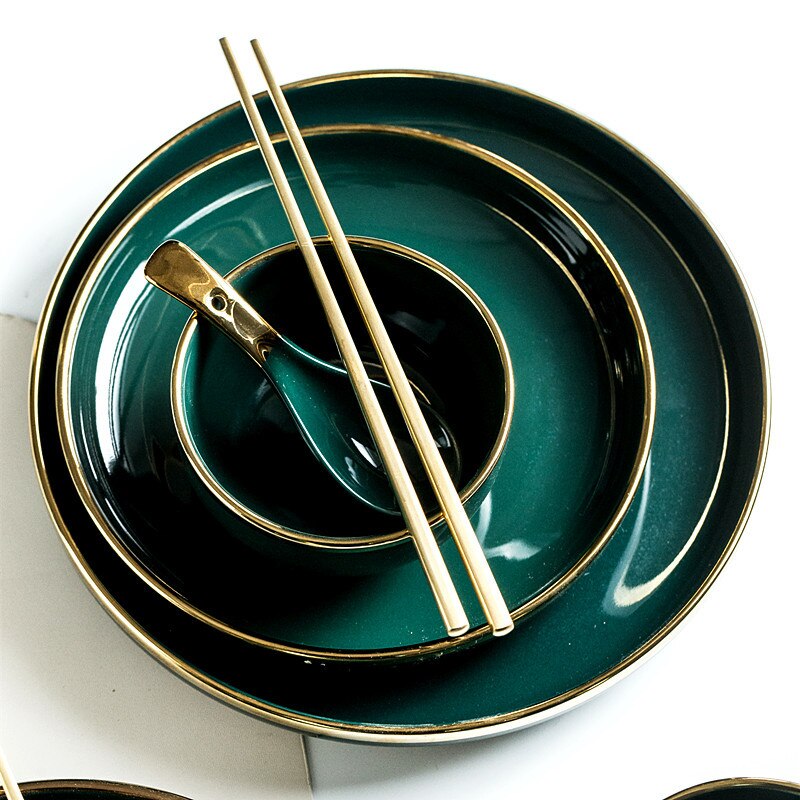 Light Luxury Gold Edge Ceramic Plate Household Steak Pasta Diner Plate Fish Dishes Dessert Bowl Kitchen Decor Tableware Sets