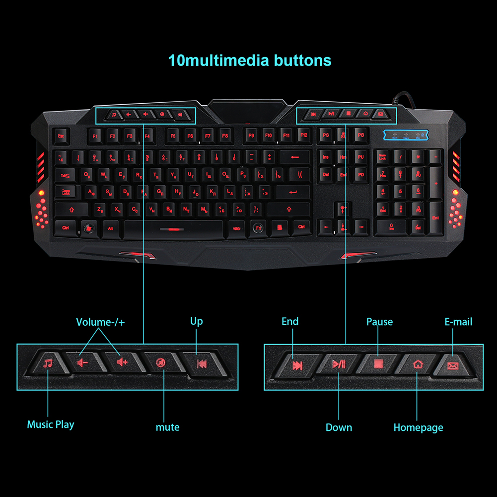 Russian/English Gaming Keyboard LED 3-Color USB Wired Colorful Breathing Backlit Waterproof Computer Crack Keyboard 104 keys