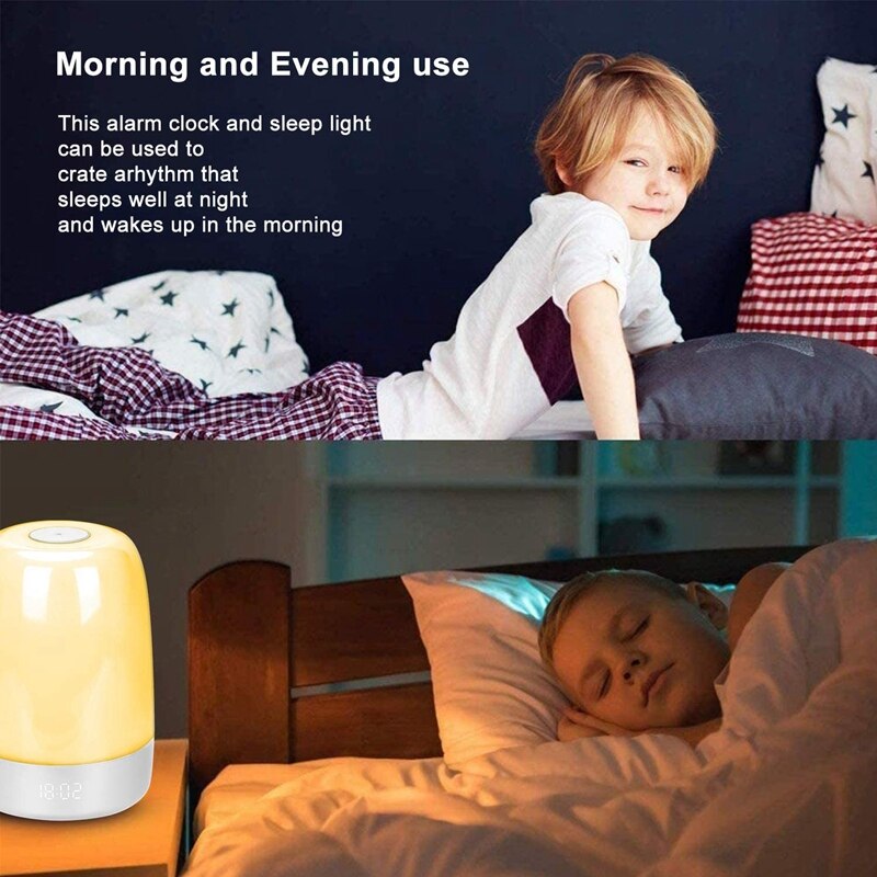 Alarm Clock Wake Up Light, Sunrise Simulation Alarm Clock, Table Lamp Press Sensor Bedside Lamp, 5 Sounds, Sleep Aid