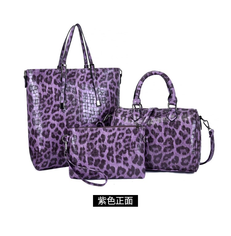 Bolso de mujer 3 uds Pu, bolso para la familia con estampado de leopardo, bolso cruzado, bolso de mano de gran capacidad para mujeres elegantes: purple