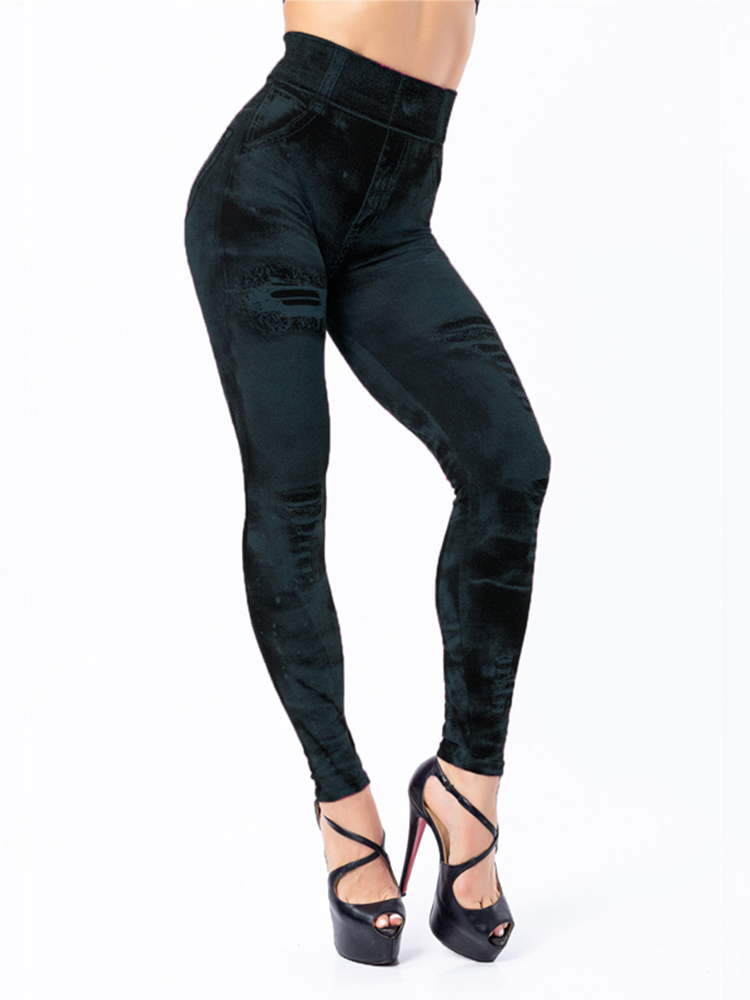 Mallas elásticas de imitación para mujer, mallas ajustadas sexis a la con realce para gimnasio, mallas informales simples de cintura alta, ropa de calle: S / Negro