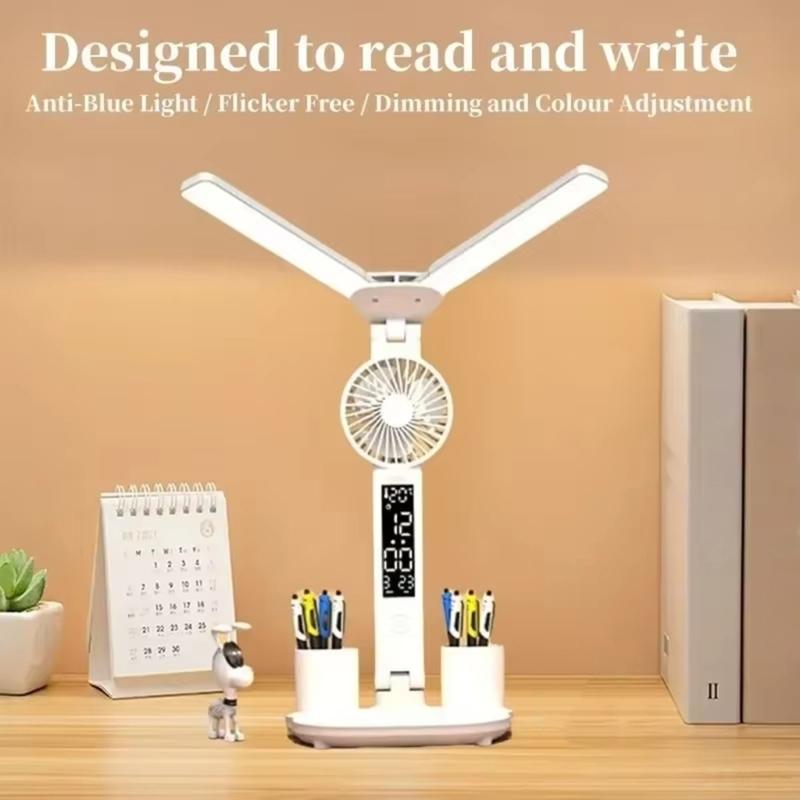 U55C Two Function LED Desk Lamp and Quiet Fan with Touches Interface and USB Charging for Study and Work Environment