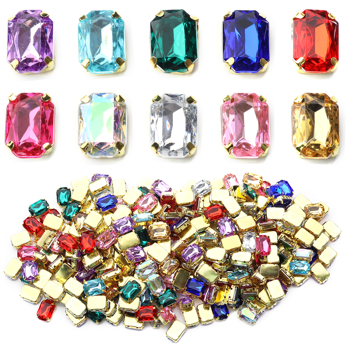 30 stuks 10 x 14mm rechthoekige kristallen glazen strass-steentjes, handgenaaide acryl strass-steentjes met gouden klauw voor kledingaccessoires