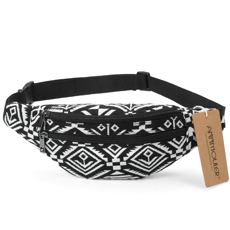 Annmouler Women Waist Bag Small Size Fanny Bag Pack Adjustable Phone Pouch Double Zipper Belt Bag Tribal Waist Pack Bag: black