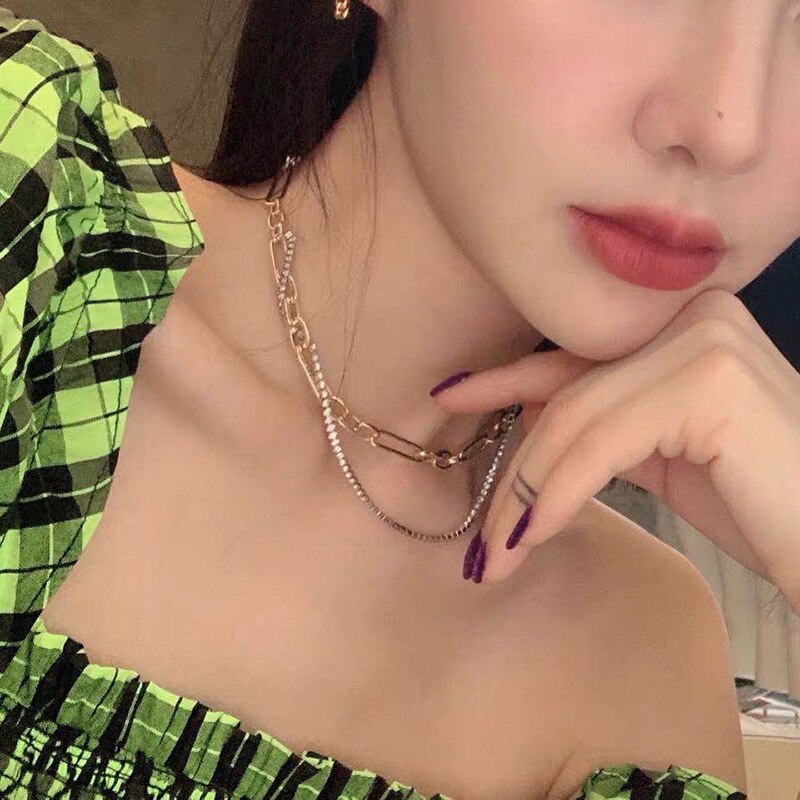 HUANZHI Punk Clavicle Necklace Thick Chain Hip Hop Multilayer Rhinestones Choker Necklace for Women Girls Jewelry