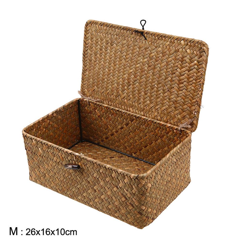 Storage Basket Rattan Storage Box With Lid Hand-woven Jewelry Box Wicker Makeup Organizer Food Container Storage Boxes: M