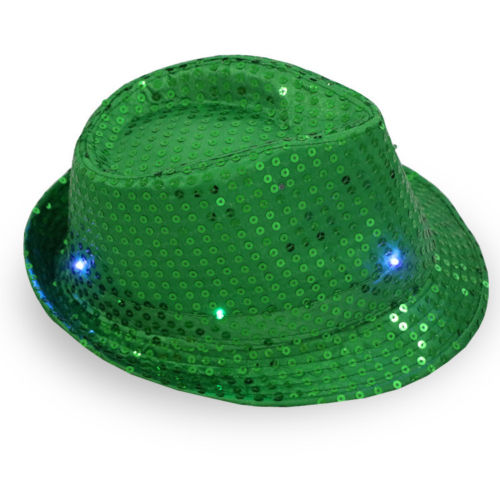 LED Flashing Light Up Fedora Cowboy Hat Sequin Unisex Fancy Dress Dance Party Hat: Green