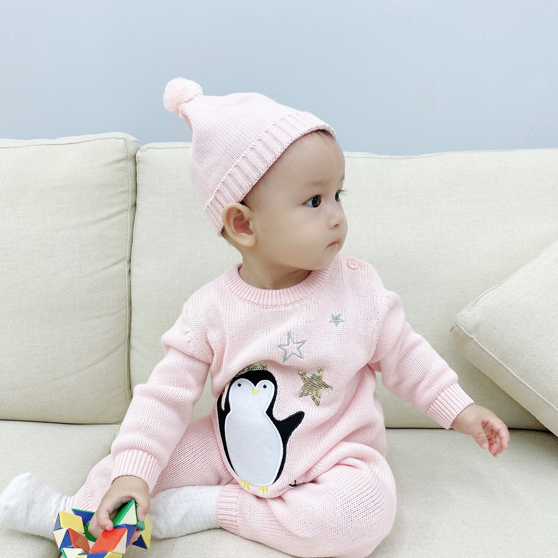 Winter Pasgeboren Baby Kleding Lange Mouwen Cartoon Borduren Pinguïn Roze Wollen Gebreide Trui Baby Boy Meisje Romper En Hoed Set