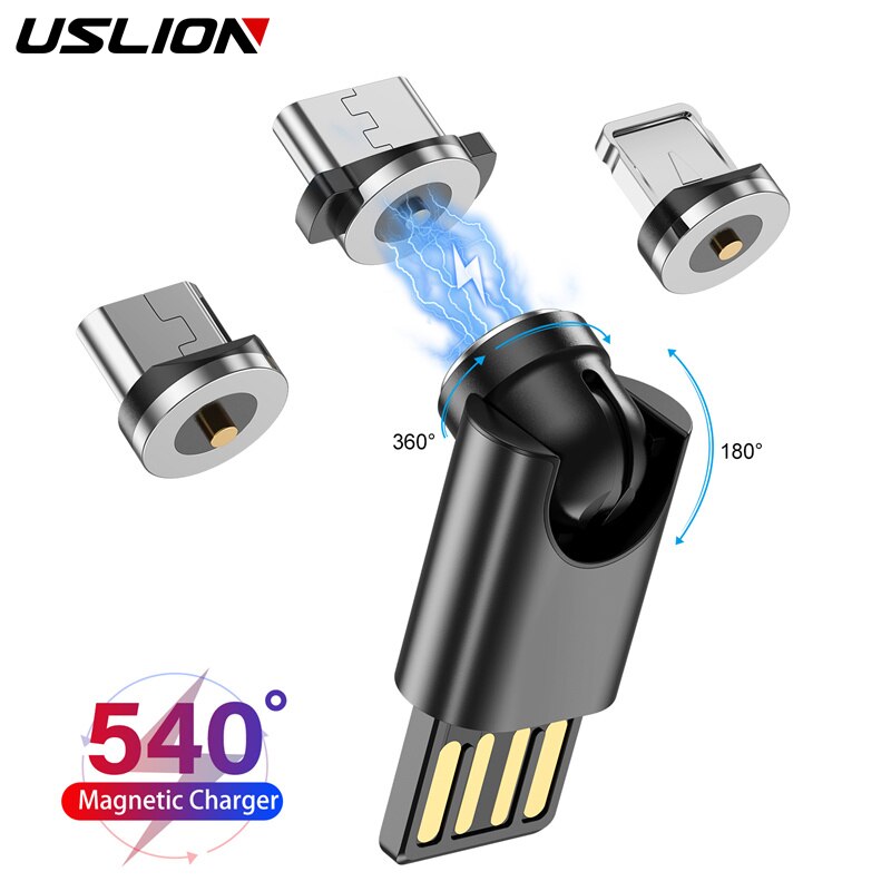 USLION 540 Rotation Mini USB Converter Magnetic Charger For iPhone 11 13 Huawei Xiaomi Samsung Mobile Phone Universal Charging