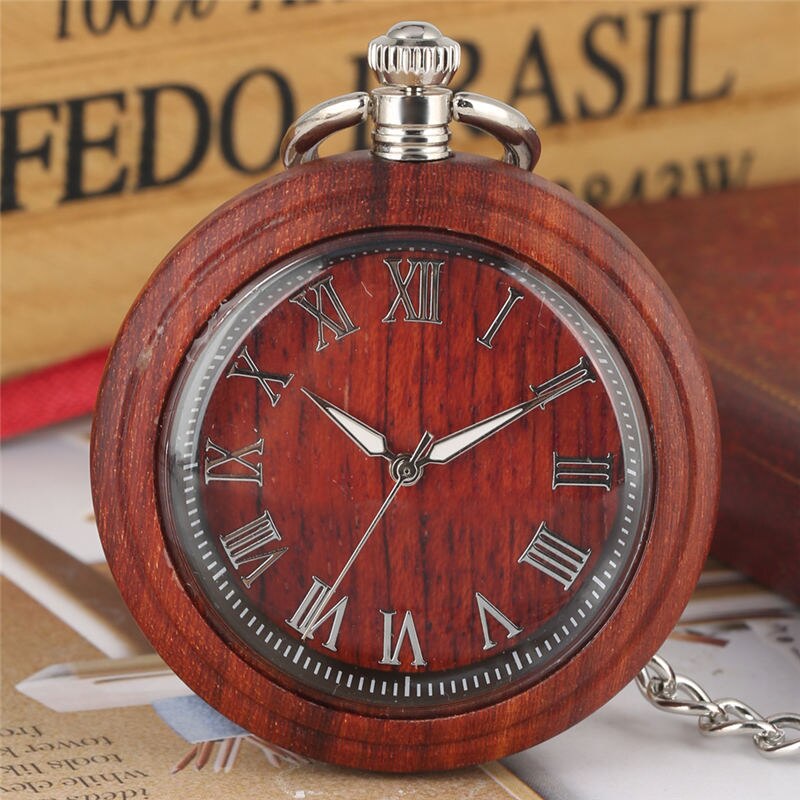 Quartz Wooden Pocket Watch Men Keychain Luminous Chain Wood Men Pendant Watch Clock Dial Warcraft: Red sandalwood