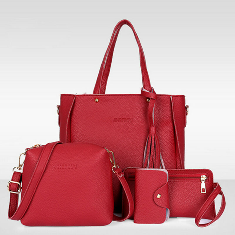 4Pcs Set Women Lychee Pattern Mother-child Four-piece Handbag Messenger Bag Wild Mini Bucket Tassel Single Shoulder