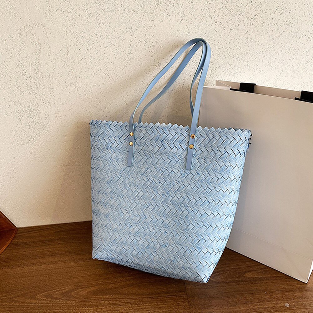 Handgeweven handtassen voor een zomerse strandvakantie, casual rieten schoudertassen voor dames, grote handgemaakte rotan draagtassen, boodschappentassen: Blauw