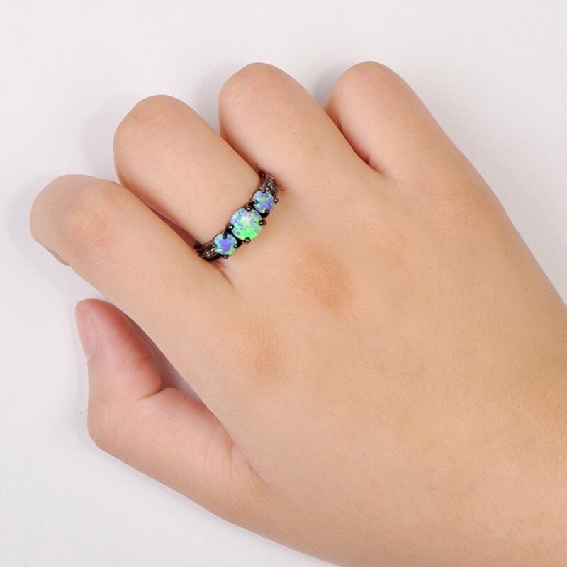 Requintado feminino redondo azul fogo opala moda anel preto ouro enchido anéis de casamento para as mulheres do vintage jóias anillos mujer