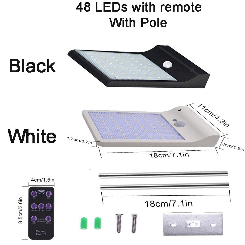 Actualizado 48 LED de Control remoto de luz Solar PIR Sensor de movimiento IP65 lámpara de calle de pared al aire libre impermeable luces de la lámpara: 48 LEDs With Pole / Black body