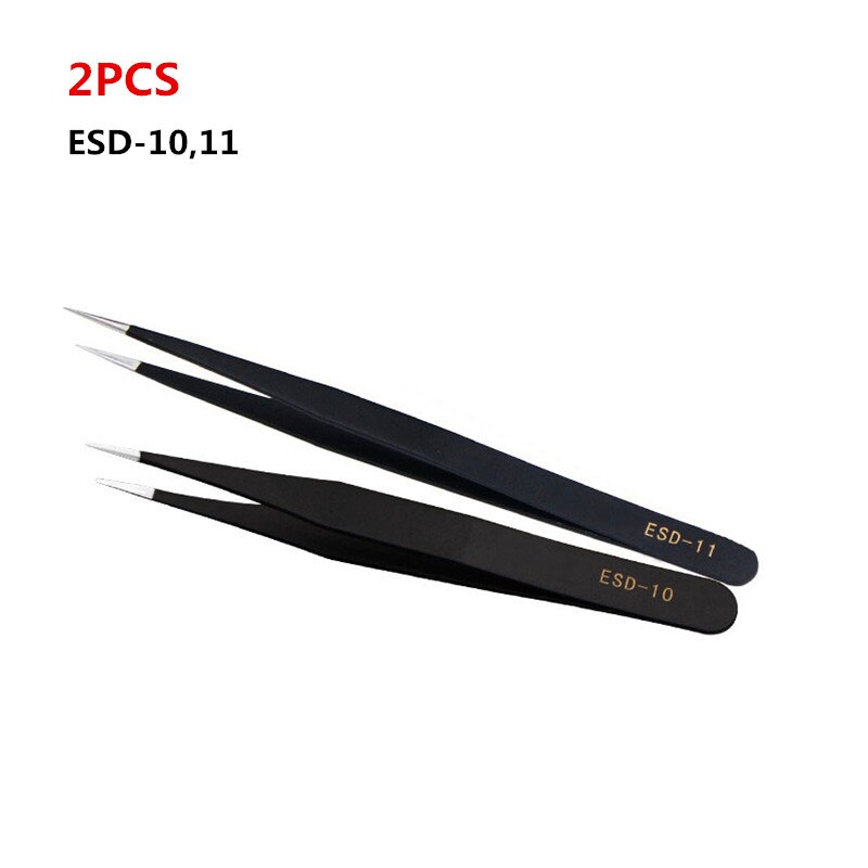 6Pcs Anti-static ESD Stainless Steel Tweezers Maintenance Tools Industrial Precision Curved Straight Tweezers Repair Tool Kit: 2PC-ESD