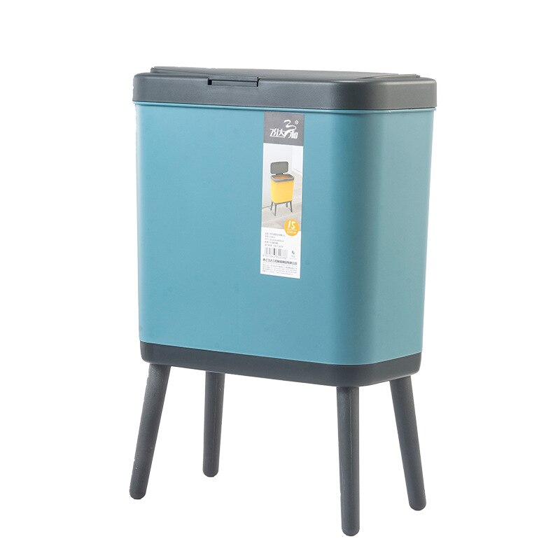 High Foot Big Capacity Trash Can Plastic Garbage Container with Press Top Lid Slim Rectangular Waste Bin for Kitchen Bathroom: Blue