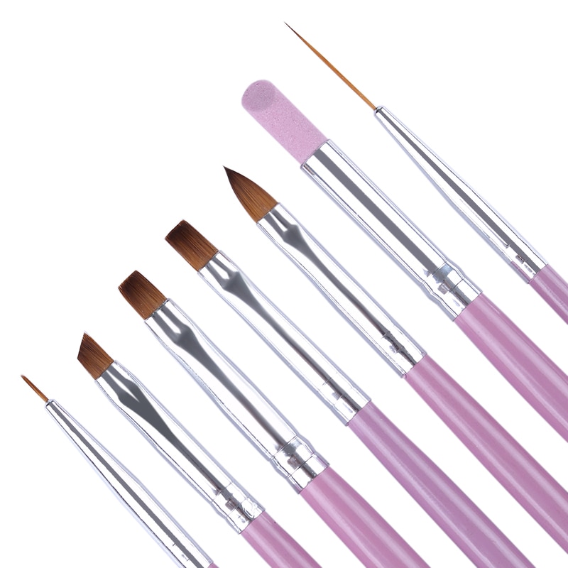 Juego de 7 PCs de pinceles para uñas, accesorios de manicura Nail Art con trazador de líneas de pintura, mango acrílico rosa, Gel UV para eliminar cutículas