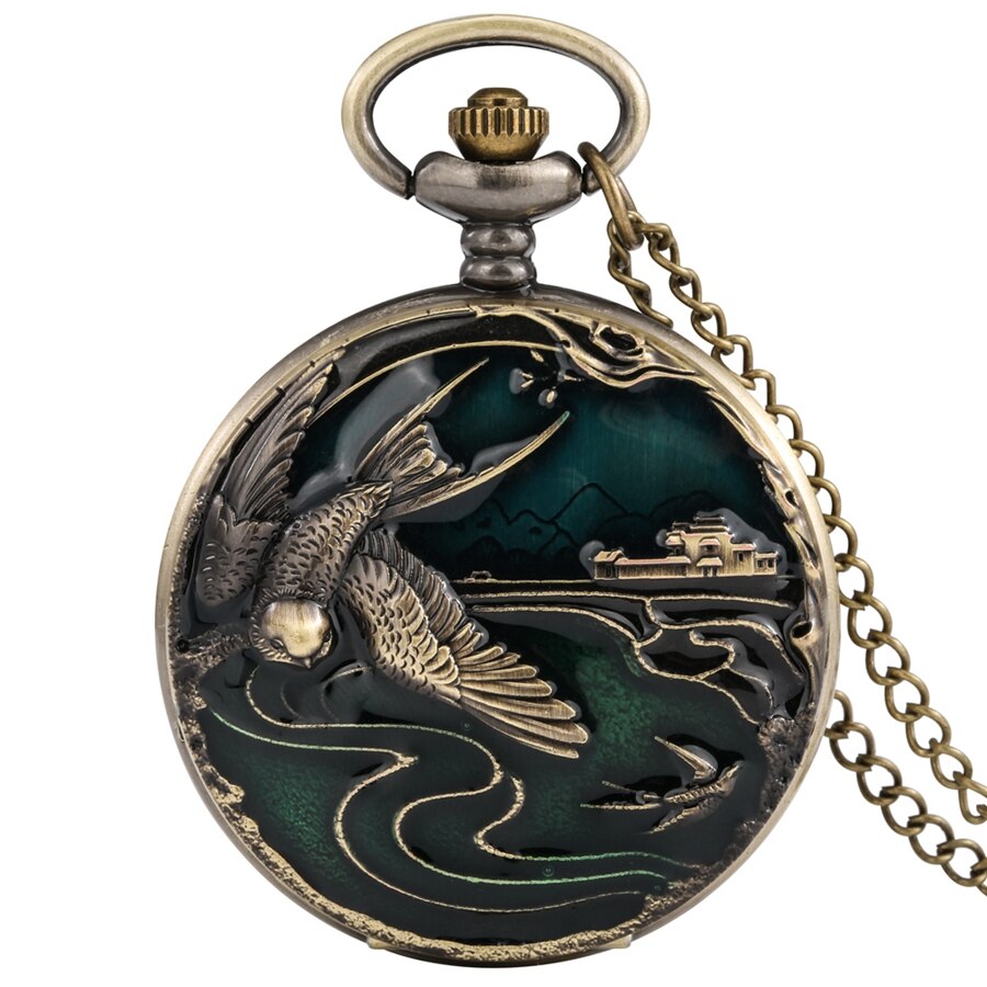 3D Brons Lange Horens Elanden Quartz Zakhorloge Ketting Herten Dier Hanger Ketting Klok Analoge Fob Steampunk Klok: Crane