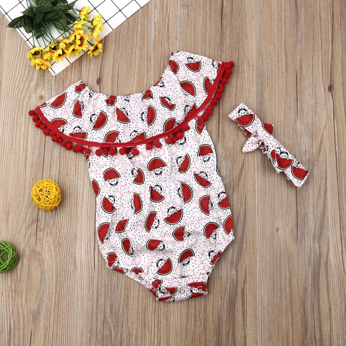 Bebis sommarkläder småbarn bebis flicka vattenmelon bodysuits kläder tofs jumpsuits pannband 2 st outfit soldräkt 0-3t