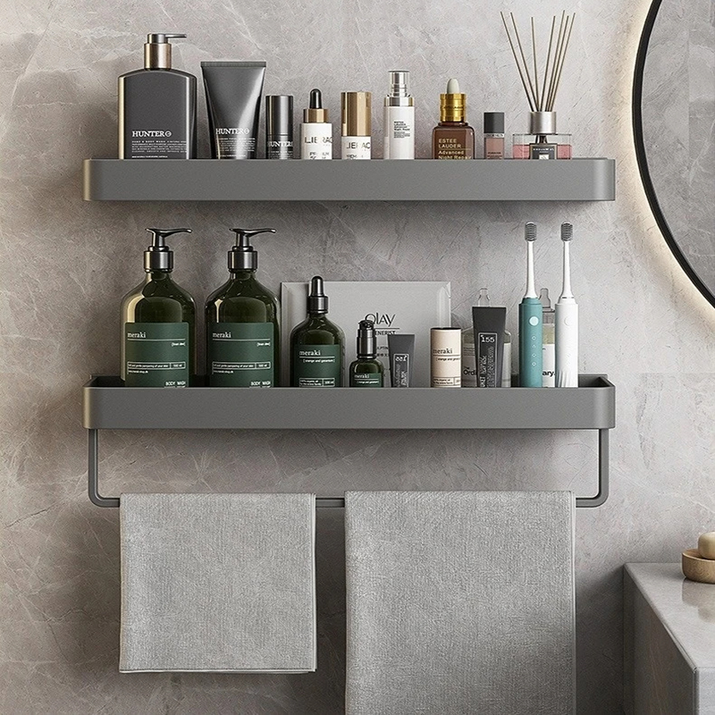 Bathroom Shelf Convenient Punch-free Gray Wall-mounted Towel Rack Bathroom Household Items Bathroom Home Practical Storage Rack