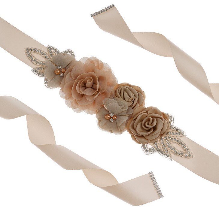 Green Blue Blush Pink White Flower Belts For Women Girl Flower Style Bridal Prom Dress Accessories Bridesmaid Sash Floral Belt: Dark Khaki