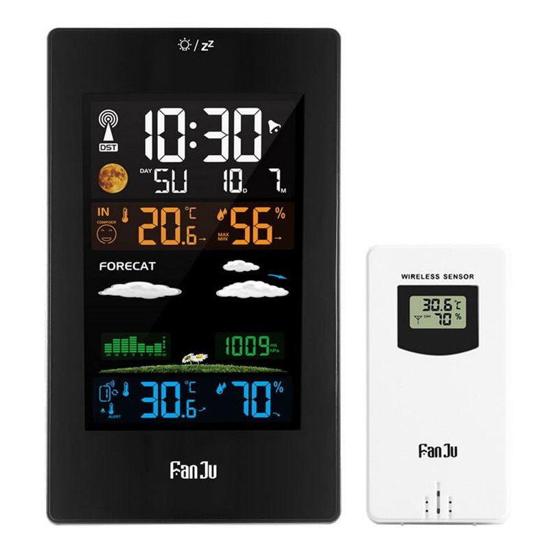 FanJu FJ3389 EU Plug Tafel Bureau Klok Weerstation Digitale Thermometer Hygrometer Draadloze Sensor LCD Kalenderweergave