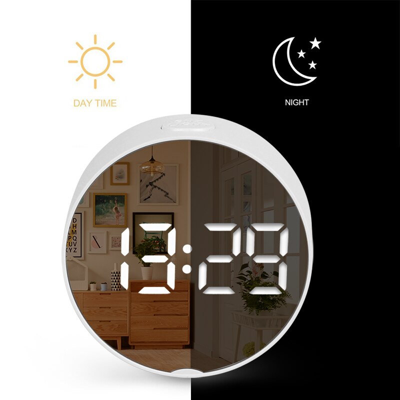 Rundt ledet spejl vækkeur digitalt bordur natlys snooze med temperatur elektronisk despertador hjemindretningsur