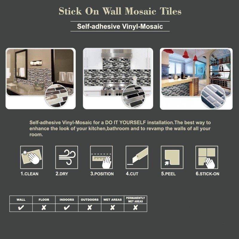 White Grey Marble Mosaic Brick Peel and Stick Wall Tile Self adhesive Backsplash DIY Kitchen Bathroom Home Wall Sticker Vinyl 3D