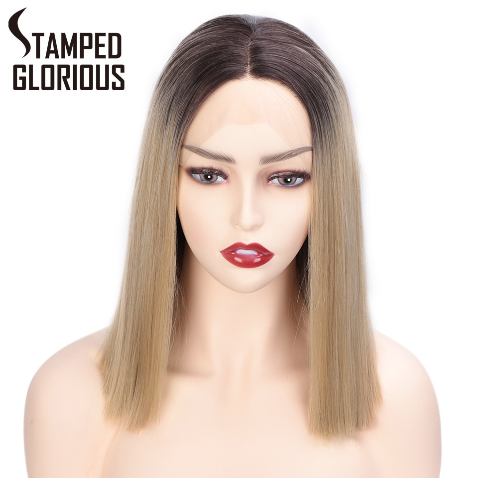 Stamped Glorious Ombre Blonde Lace Front Pruik Korte Rechte Synthetische Pruiken Voor Vrouwen Midden Divisie Haarlijn Hittebestendige